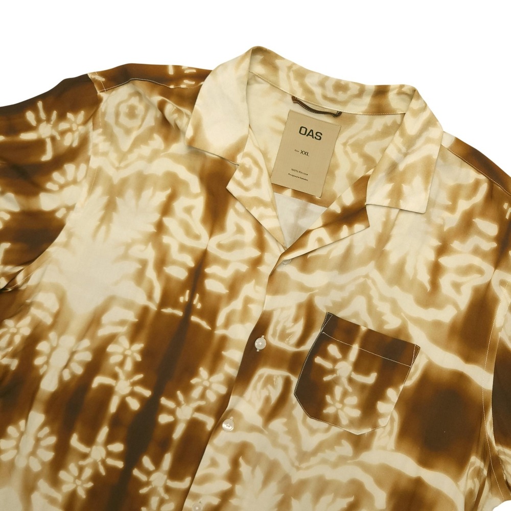 OAS Shirt Mens 2XL Brown Tie Dye Short Sleeve Button Up Viscose Resort Casual